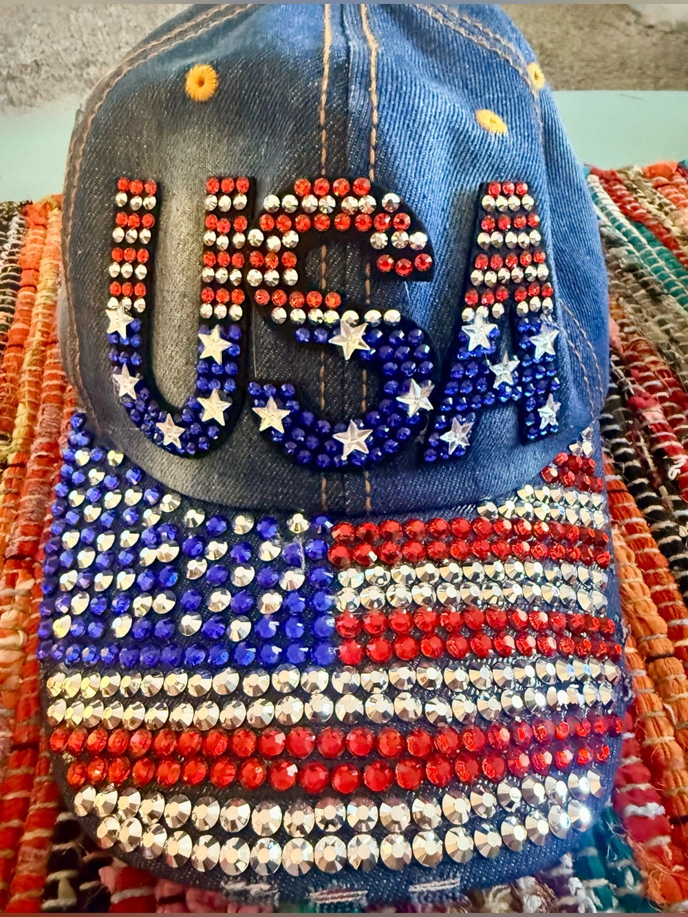 Rhinestone USA Denim Baseball Cap - Blue Red White